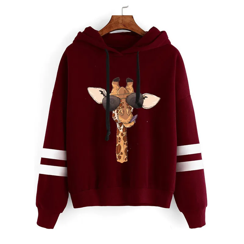 

Women Hoodie Giraffe Printed Hoodies Women Double Striped Long Sleeve Fleece Sweatshirt with Hat Girls Pullovers Winter