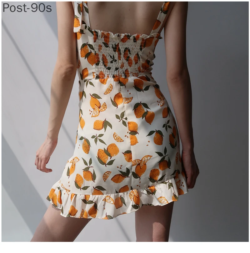 

Summer Sexy Mini Lemon Yellow Floral Print Spaghetti Strap Dress Women White Elegant Beach Light Party Dress Girl Boho Robe 2021