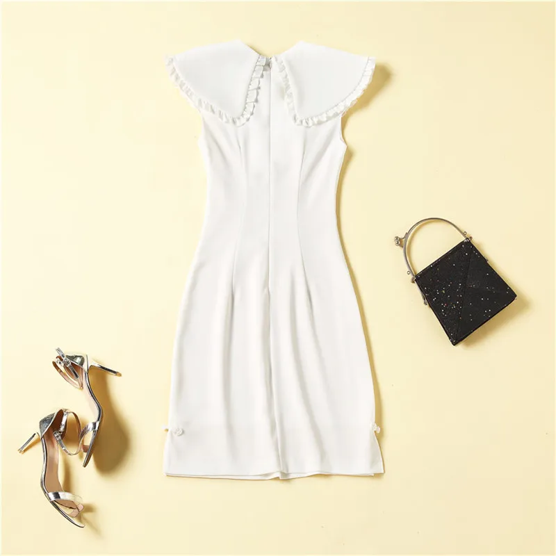 

Runway Fashion Sleevess Beading Collar White Party Dress Women Summer Robe Elegant Designers Casual Vestidos