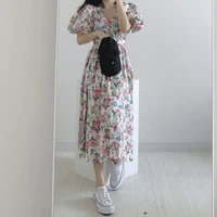 2021 summer korean chic sweet retro v neck bandage thin puff sleeve flower dress women fashion clothing dress vestidos de mujer