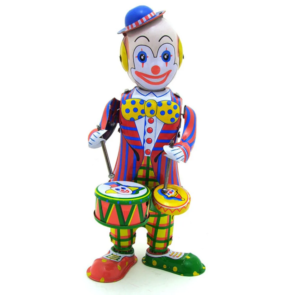 

1PC Tinplate Drumming Clown Cartoon Wind Childhood Memory Antique Scene Tin