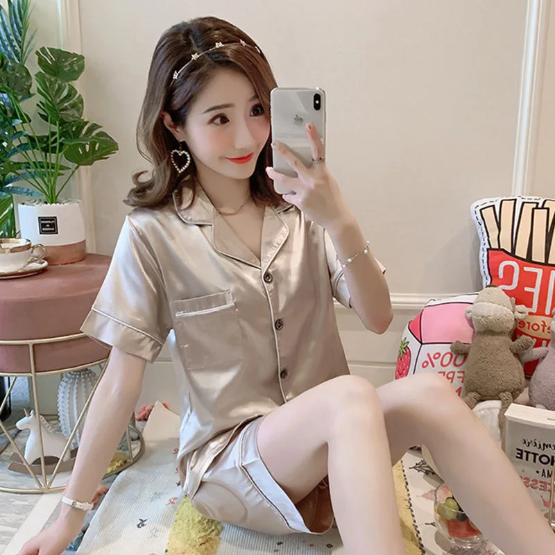 Womens Silk Satin Pajamas Set Short Solid Home Suit Sleepwear Summer Cardigan Plus Size Women Pyjamas Sets Cute Satin Nightgown