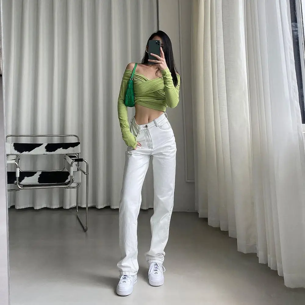

Korean Fashion White Jeans for Women 2021 High Waist Long Streetwear Trousers Straight Leg Pants Denim Ladies Baggy Femme Black