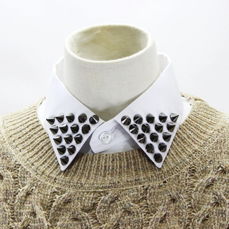 

Women Punk Style Spiked Rivets Studded False Fake Collar Button Down Detachable Lapel White Half Shirt Decorative Dickey