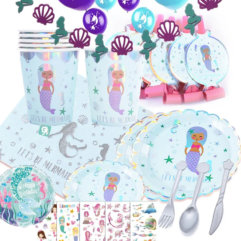 

New Hot Selling Silver Mermaid Disposable tableware Kit kids Girl Birthday Party Decor Mermaid Baby Shower Theme Party Supplies