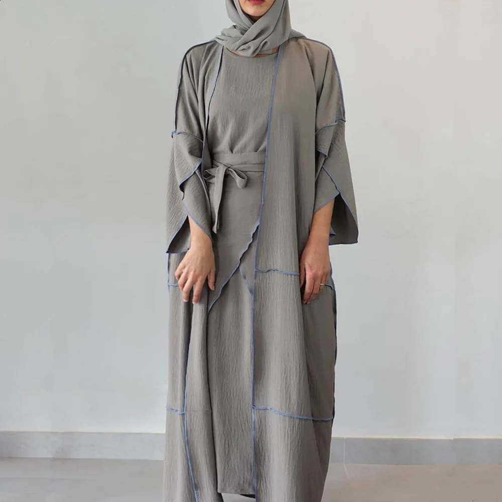 Комплект мусульманской Абайи для женщин 3 шт., модное кимоно с запахом и юбкой, платье без рукавов, сдержанный хиджаб/кафтан
