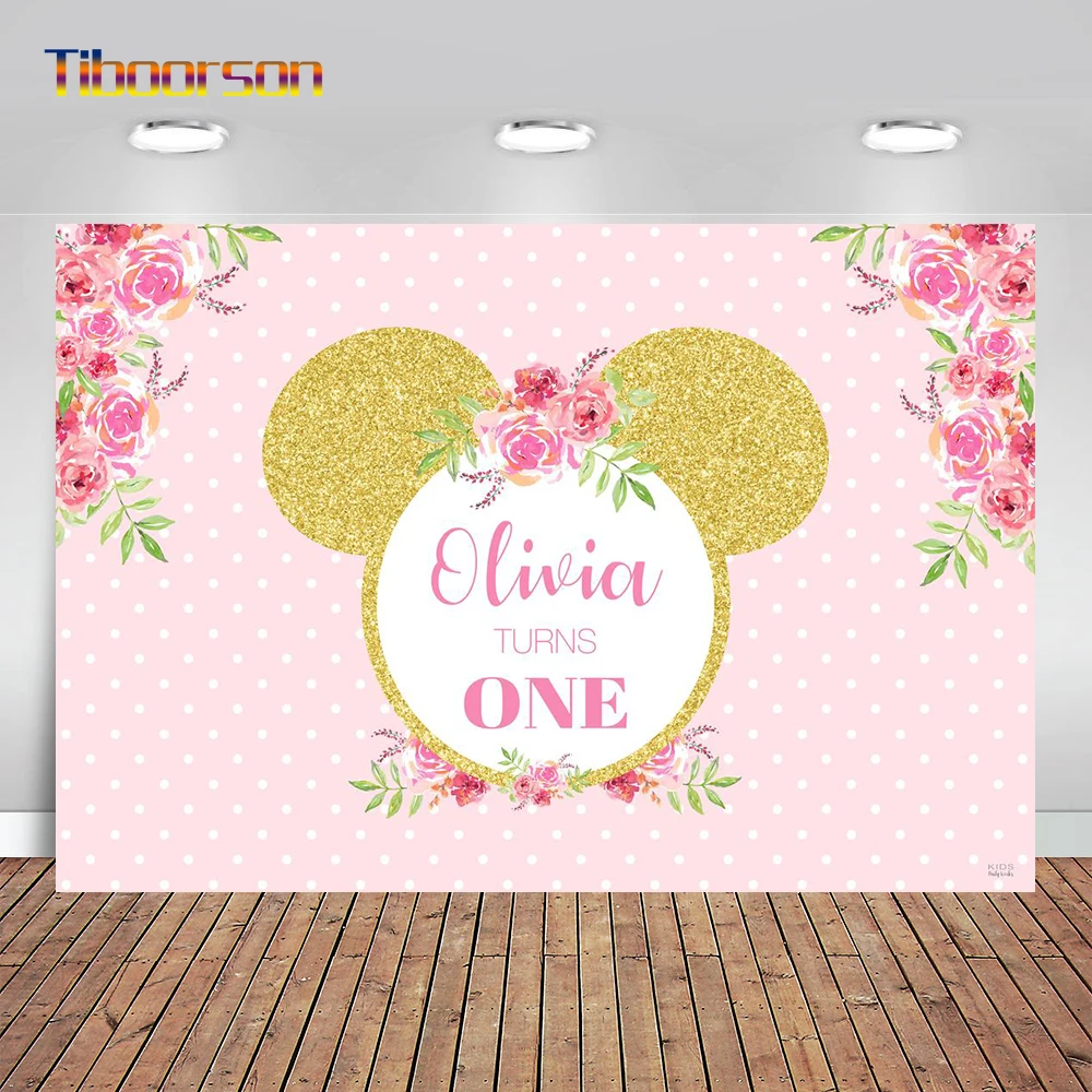 

Golden Mouse Bow Background Dots Happy Birthday Party Pink Girl Baby Shower Customize Backdrop Photocall Photo Booth