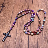 purple blue jaspr with hematite cross pendant necklace for women catholic christ rosary necklaces female jewelry dropshipping