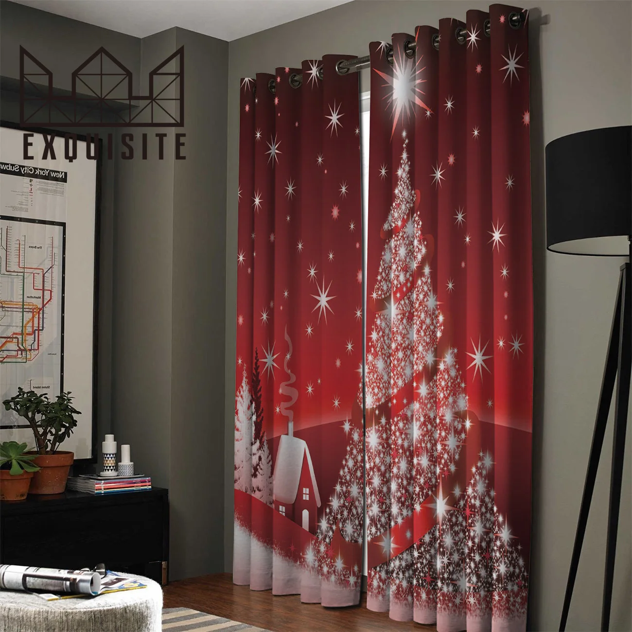 Изысканная занавеска на окна с рождественской елкой большая | Дом и сад
