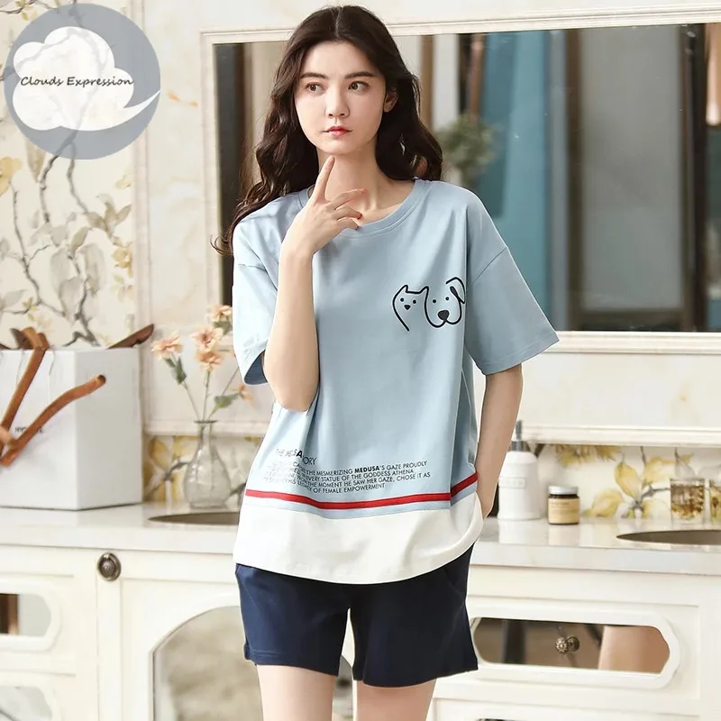 

Summer Knitted Cotton Cartoon Pajamas Sets Women Pyjamas Sleepwear Nightwear Pijama Mujer Lazy Wind Shorts Pants Home Loungewear