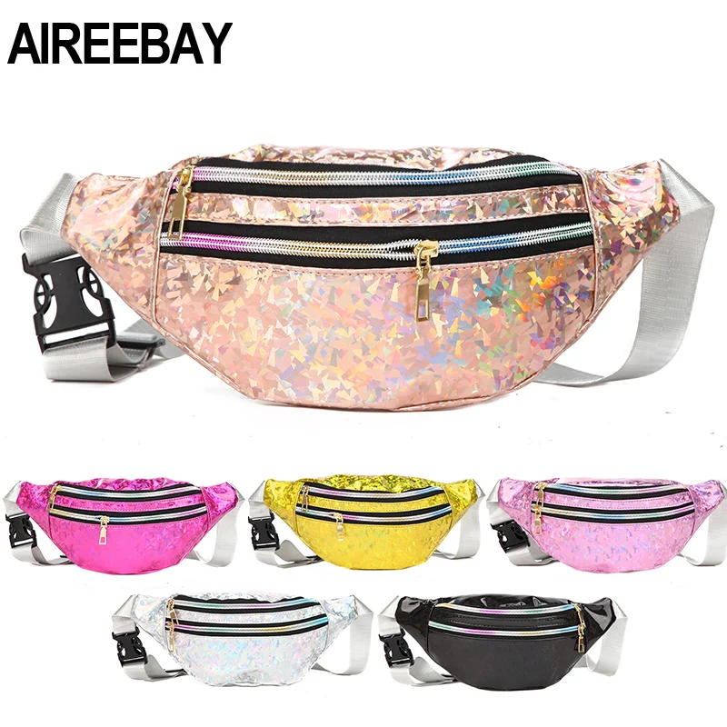 AIREEBAY Женская голографическая поясная сумка с 3 карманами на молнии серебристая