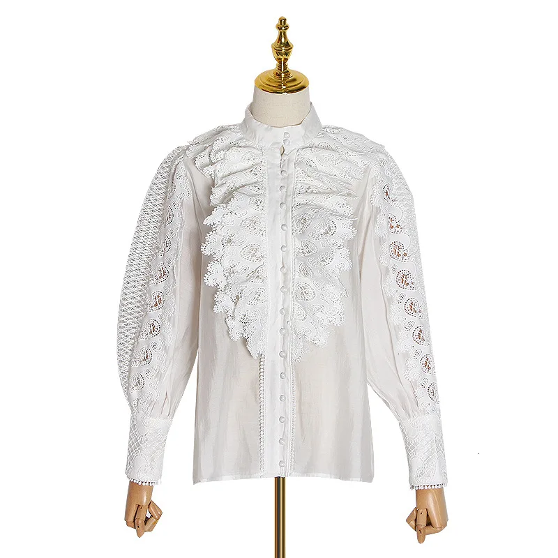 

Casual solid color Joker blouse early new hollow lantern long sleeve lace collar shirt