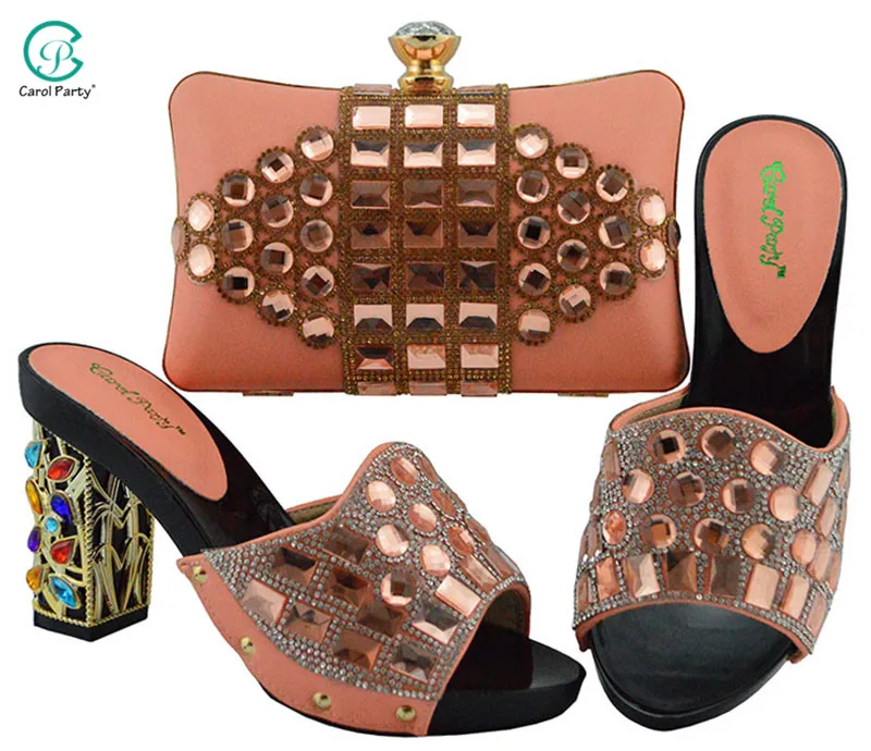 

New Arrival High Heel Italian design Ladies Shoes with Matching Bags African Nigerian Women Wedding Shoes and Bag in Peach Color