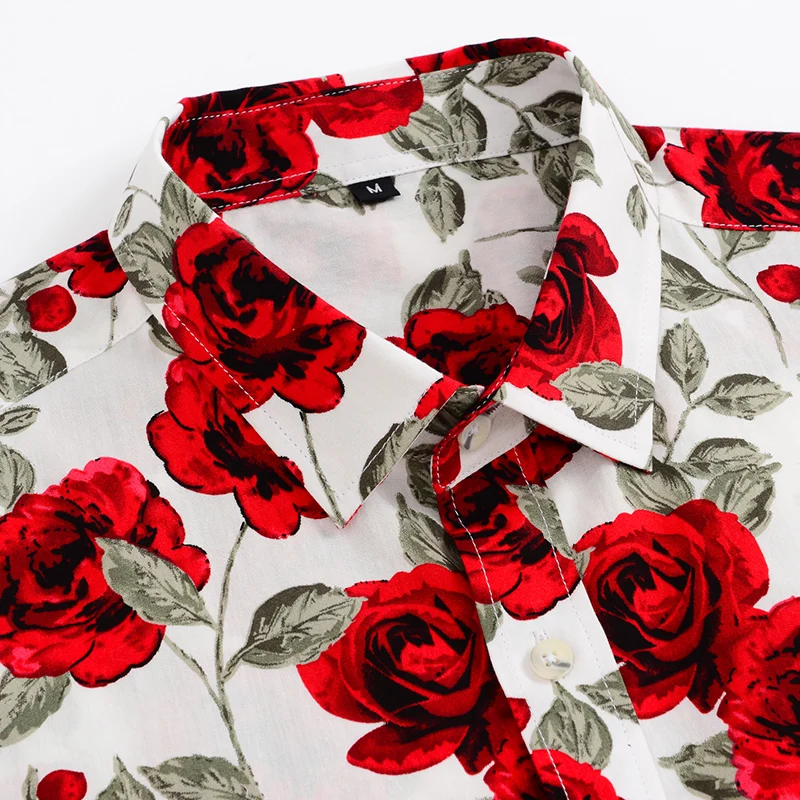Мужская хлопковая пляжная рубашка с короткими рукавами, гавайская рубашка стандартного кроя с цветочным принтом розы в гавайском стиле, лето