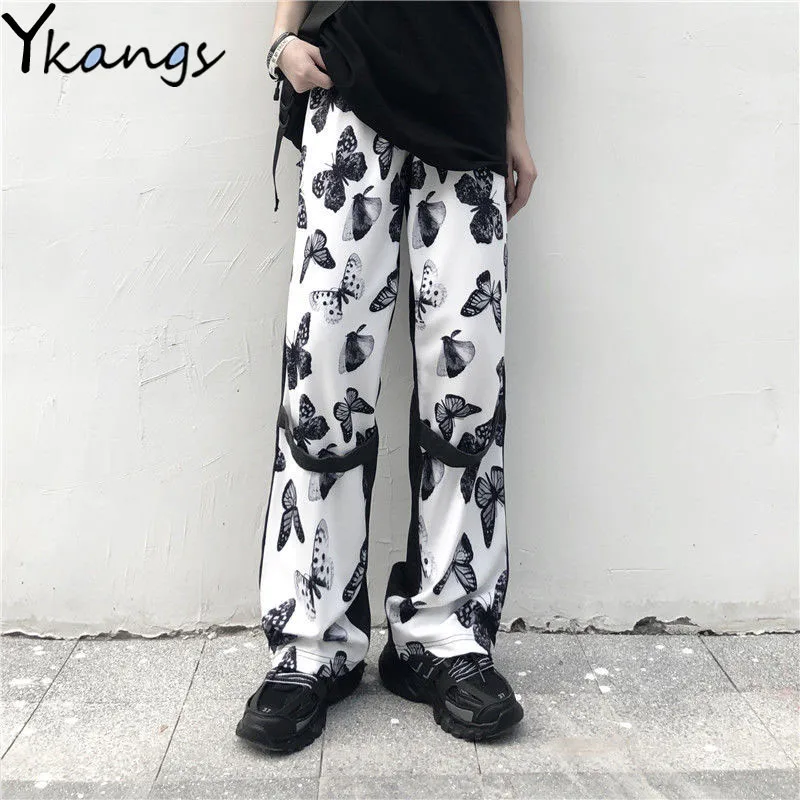 Джинсы в стиле Харадзюку с высокой талией свободные брюки из денима принтом