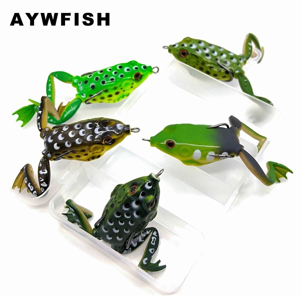 

AYWFISH Set Lure 5PCS A LOT 55mm 15g Soft Frog Tackle Lifelike Legs Topwater Bait 3D Eyes Silicone Artificial Fishing Wobblers