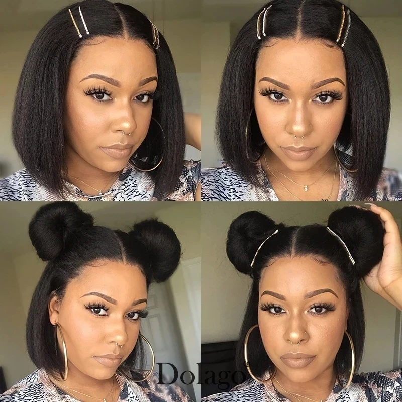 

Easy Install Yaki Straight Short Bob Lace Front Wigs Natural Color Synthetic No Gel Headband Wig Heat Resistant Fiber Hair