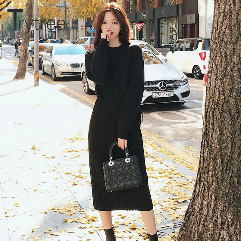 Trytree осенне зимнее женское Повседневное платье с круглым вырезом трикотажное
