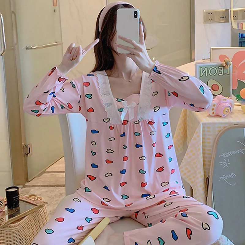 

Ladies Round Neck Cute Casual Homewear Set Long Sleeve Pajamas 2 Piece Set
