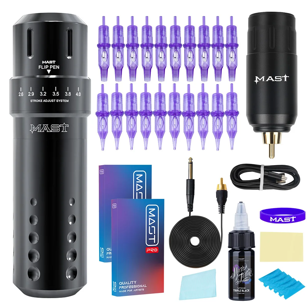 

Mast RCA Interface Adjustable Stroke Permanent Makeup Tattoo Machine Set with Mini Wireless Power Cartridge Needles Tattoo Kit
