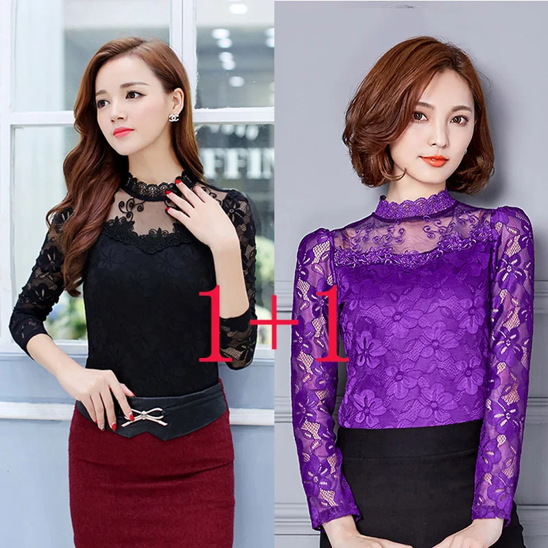 Femininas Blusas, женские блузки, весна-осень, модные сексуальные облегающие Рубашки, Топы, кружевные, с длинным рукавом, с круглым вырезом, для отдыха, черные/белые S-5XL - Цвет: Black-Purple
