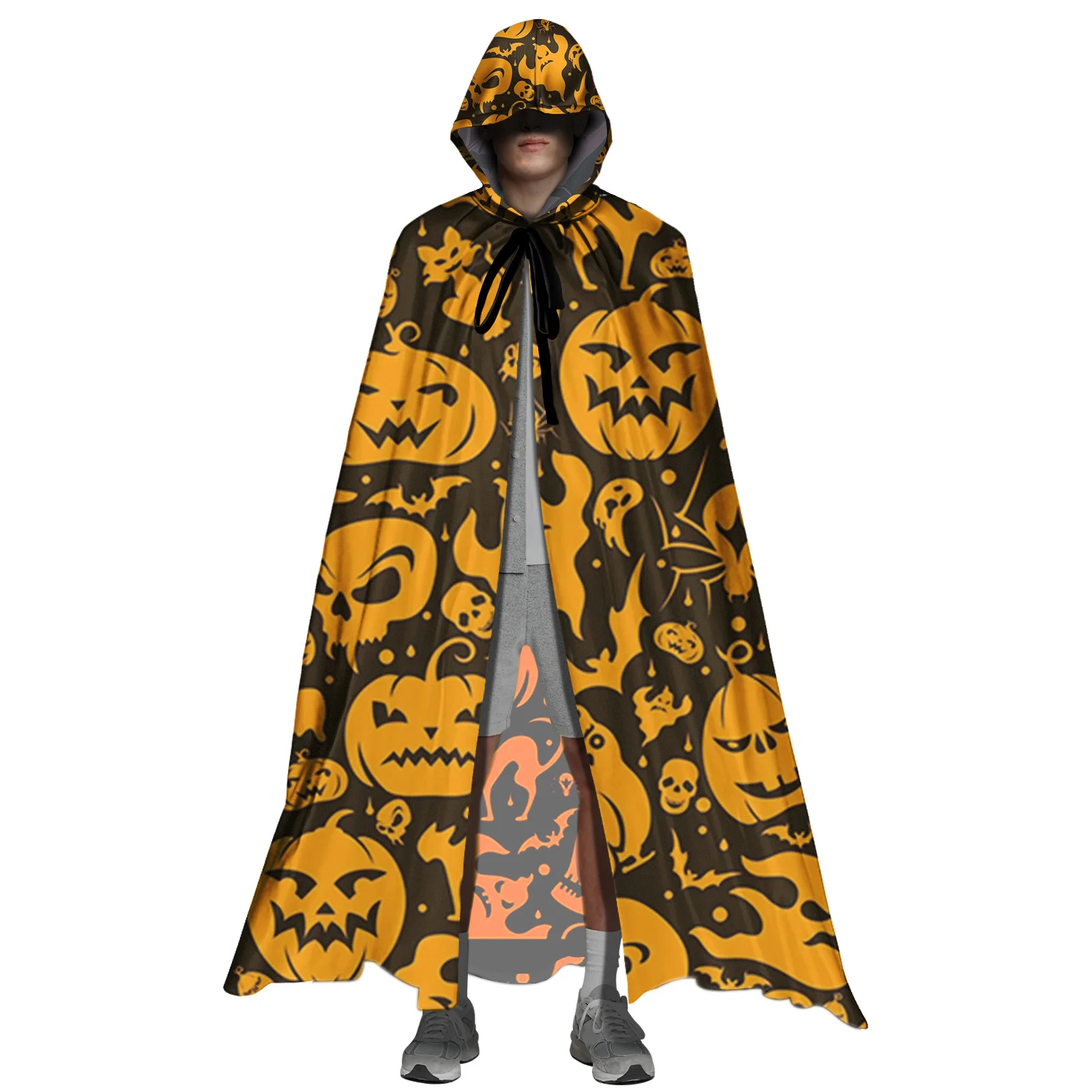 

Halloween Pumpkin Bat Print Hooded Cloak Adult Unisex Full Length Vampire Witch Cosplay Costumes Robes Capes for Women's Men's