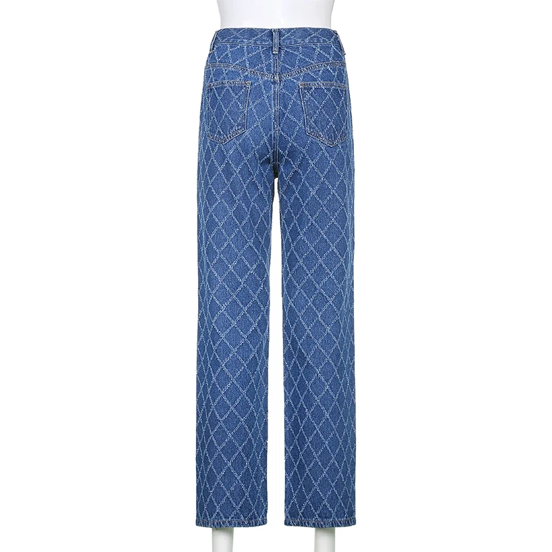 

Vintage Denim Pants Fashion Argyle Pattern Blue Y2K Jeans For Girls Female 2021 Casual Women High Waisted Trouser Harajuku Capri