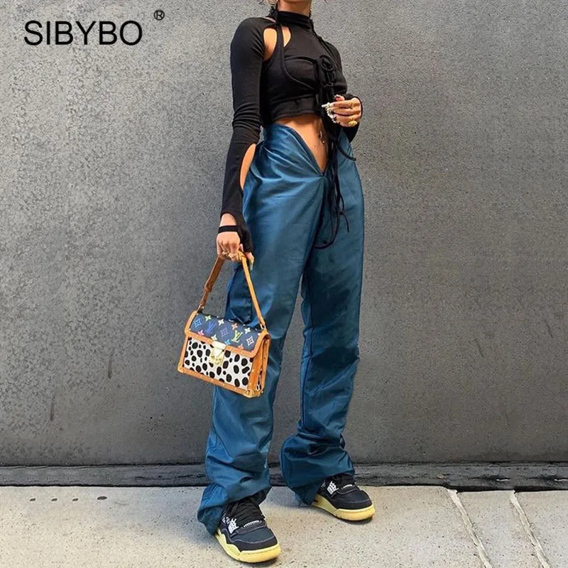 

Женские прямые брюки Sibybo, повседневные однотонные вечерние Клубные брюки с v-образным вырезом и низкой талией, свободные штаны для фитнеса, ...