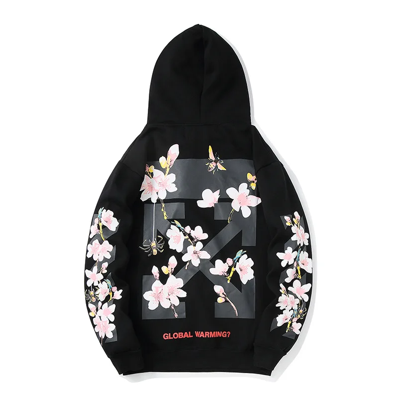 

Off white autumn winter ow cherry blossom flower arrow Print English letter hooded casual Plush Pullover
