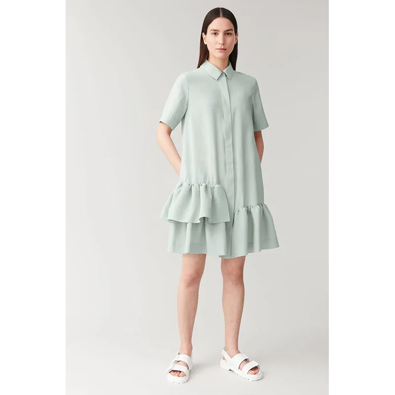 

2021 spring and summer new two-color lapel short-sleeved ruffled loose temperament casual fashion dress women