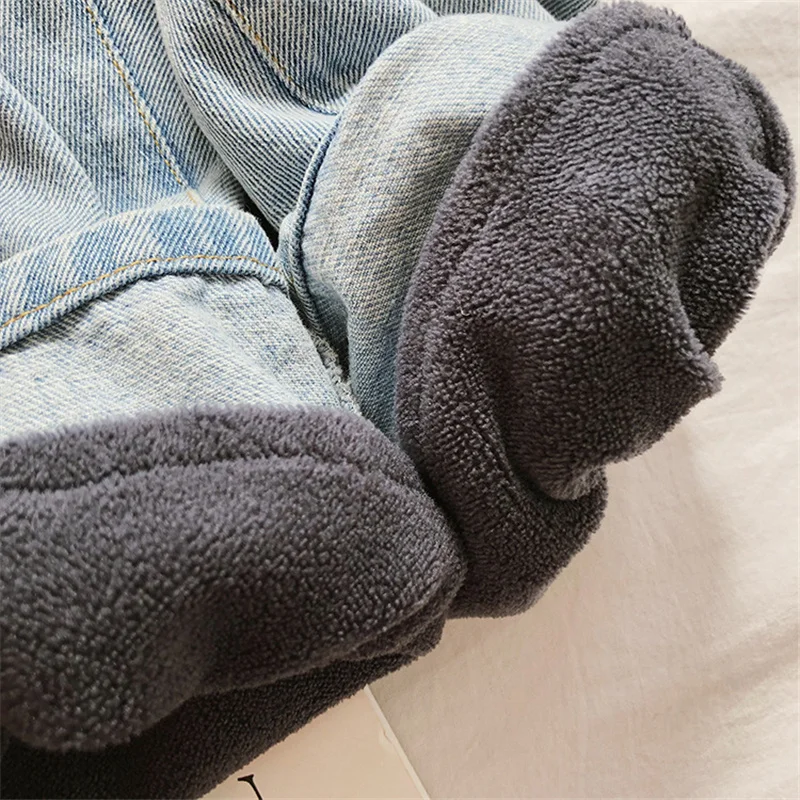 

Winter Boys Polar Fleece Lining Rolled jeans Kids Children All-match Thick Warm Denim Pants Baby Girls Straight jeans
