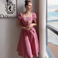 dabuwawa exclusive vintage square collar pink dress women single breasted puff sleeve sash a line long dress ladies do1bdr029