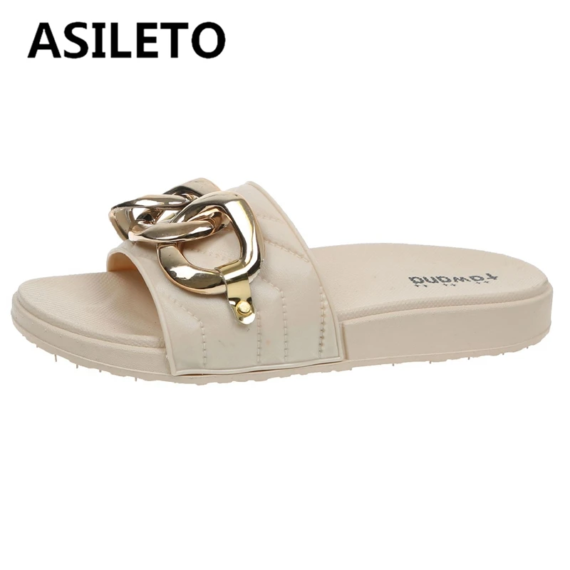

New Fashion Three Metal Ring Buckle Flat Bottom Comfortable Leisure One Word Ladies Drag Beach Wear Cool Slippers White Green