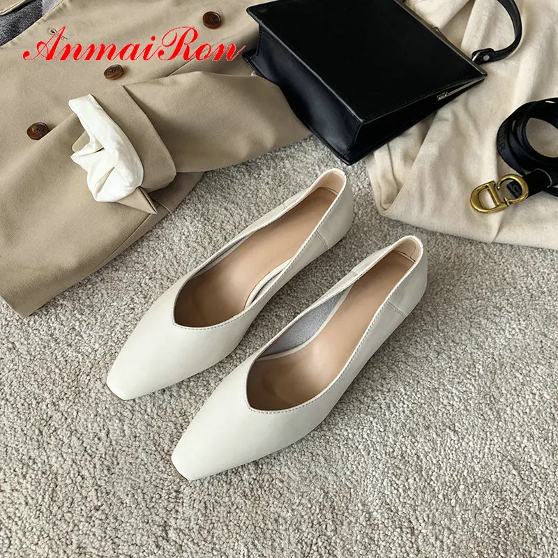 

ANMAIRON Basic Square Heel Synthetic Genuine Leather Pointed Toe Ladies Shoes 2020 Pumps Women Shoes Casual Wedding Shoes 34-39