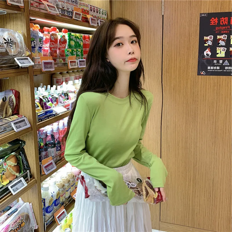 

2020 New Women T-shirts Casual Harajuku Casual Student Bottoming Shirt Simple Loose Solid Color Long Sleeve T-shirt Women Top