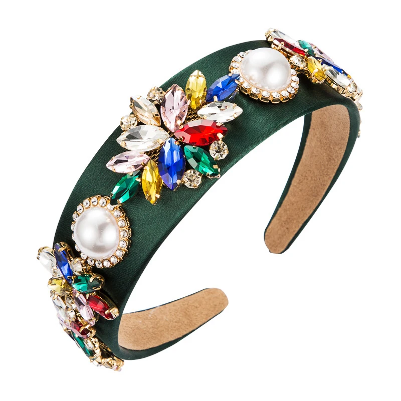 

2021 New Women's Hairband Fashion Crystal Headwear Pure Color Wide Border Flower Pearl Headband