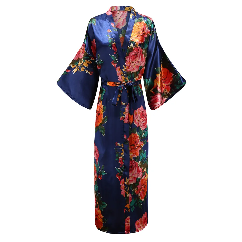 

Sleepwear Female Loose Print Flower Kimono Bathrobe Royal Blue Long Robe Gown With Belt Sexy Lounge Casual Nightdess For Women
