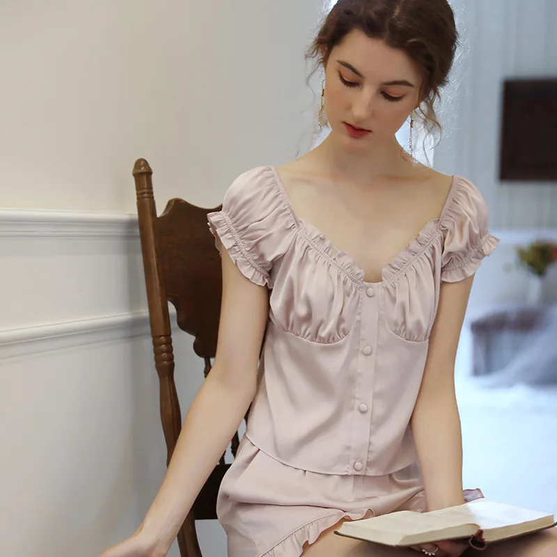 

Purple Ice Silk Thin Short-sleeved Pajamas Shorts Suit Women Summer Silk Sexy Sweet Homewear Fashion Fold Home Clothes Sleepwear