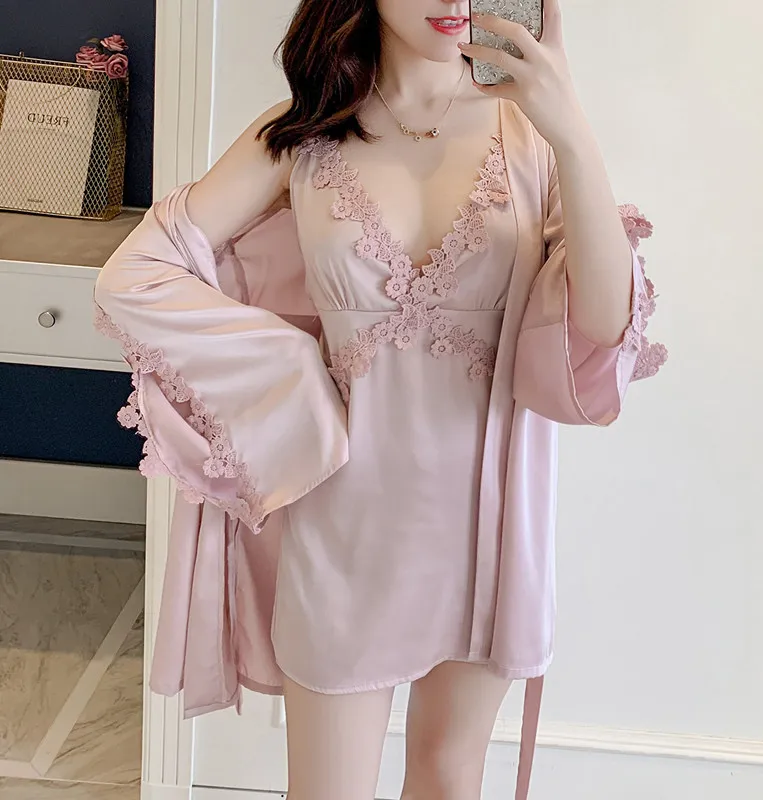 

Невесты Robe платье комплекты одежды из 2 предметов, милое кружевное кимоно халаты ночной рубашке сексуальный топ с бретельками ночная рубашк...