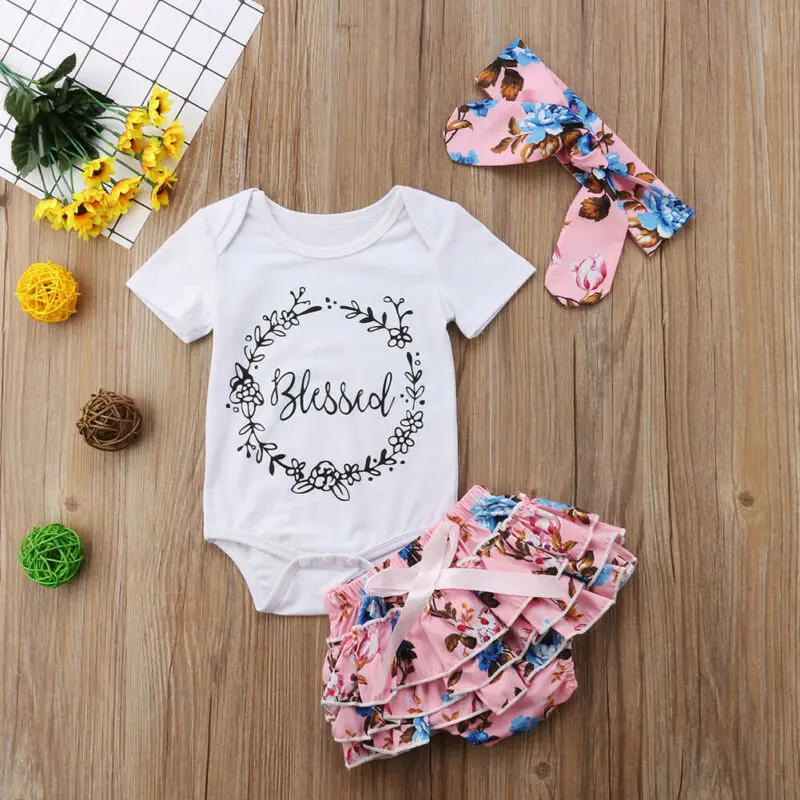 

Newborn Baby Girls Tops Romper + Floral Tutu Shorts Headband Outfits Set Clothes
