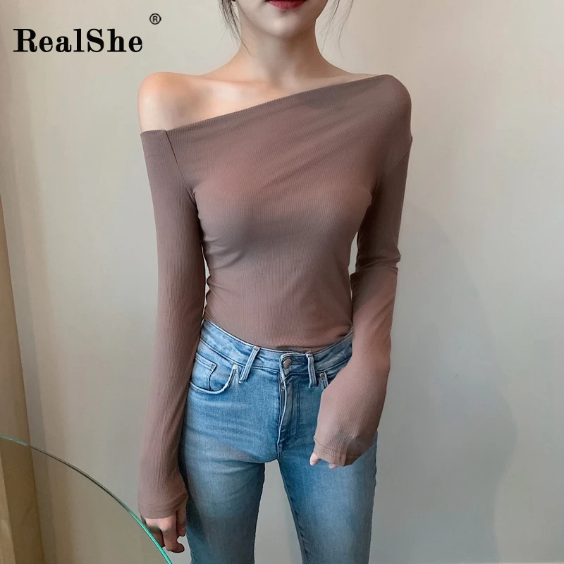 RealShe Футболка женская хлопковая с вырезом лодочкой и длинным рукавом Однотонная