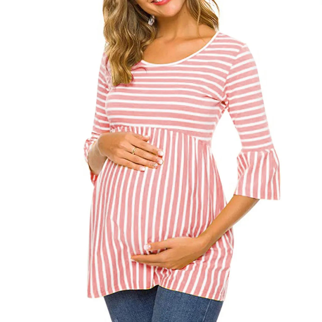 Топы для беременных зимняя полосатая обычная футболка с круглым вырезом одежда