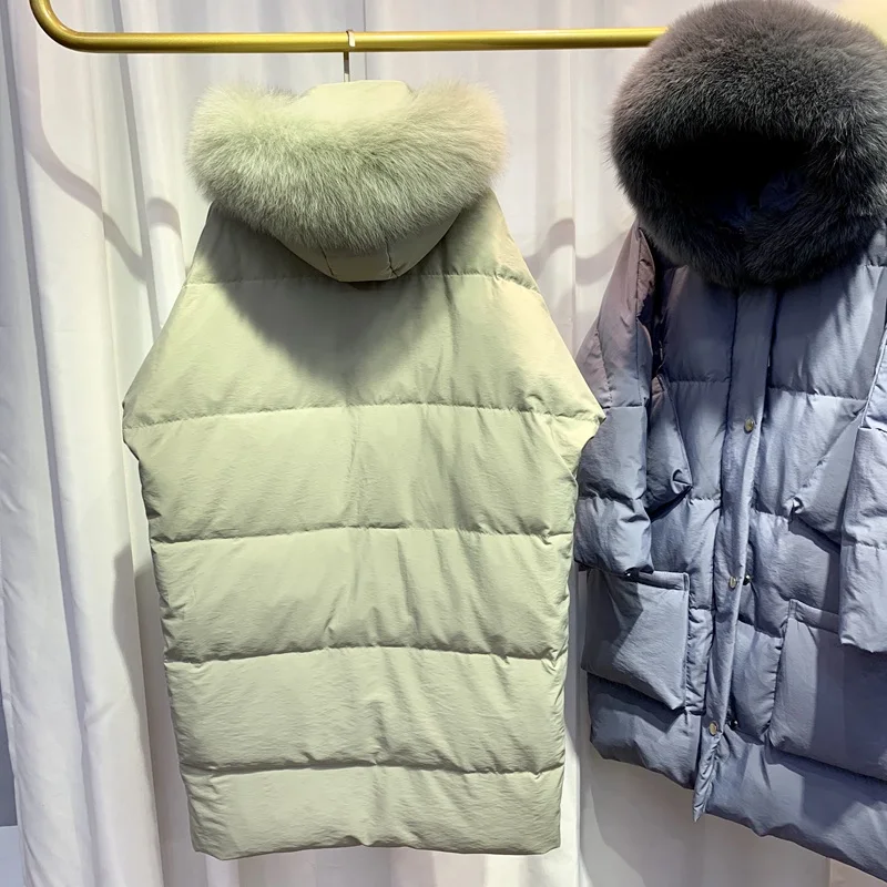 

Autumn Winter Women Parkas Down Coat Jacket with Fox Fur Hoody 80% Duck Down Lady Winter Loose Outerwear LF9093