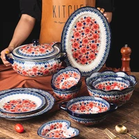 ceramic dinner plate retro printed rice soup bowl household kitchen tableware binaural deep dish large fish tray home dinnerware