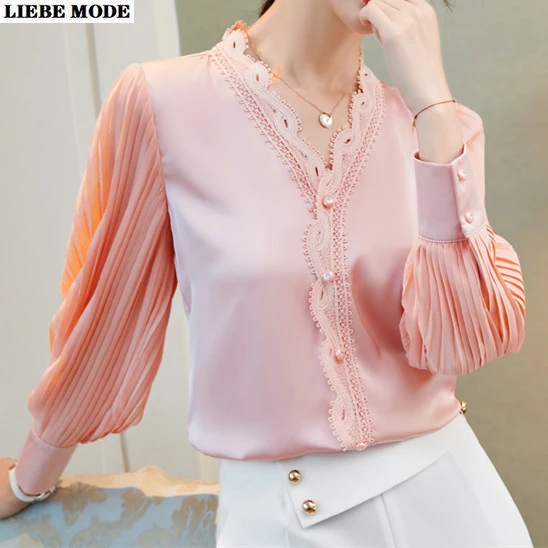 

White Pink V Neck Shirt Women Autumn Lace Button Pleated Long Sleeve Blouses Shirts Fashion Office Ladies Formal Work Tops Femme