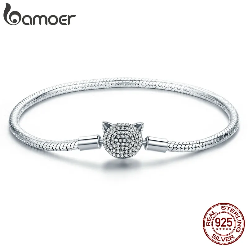 BAMOER 925 пробы серебряный милый кот сверкающий CZ змеиная цепочка браслеты для женщин ювелирные изделия из стерлингового серебра SCB053
