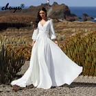 ChuYu очаровательные Прозрачные Свадебные платья в стиле бохо с длинными рукавами, V-образным вырезом, рукавами-фонариками, кружевом и аппликацией 2021