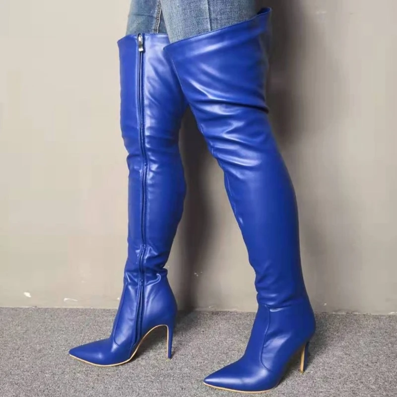 High Quality PU Upper Navy Blue Thigh high High Boots Shoes Women Winter Over Knee High Long Customized Big Size Boots Side Zip