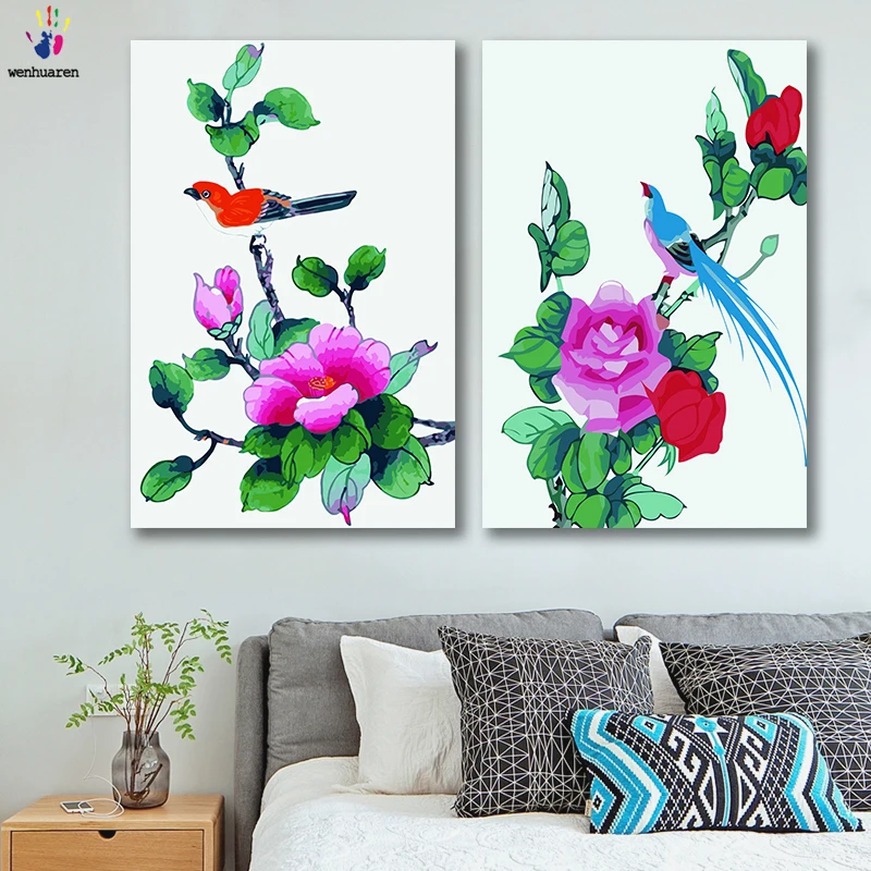 DIY картинки для раскраски по номерам с цветами гибискус пион цветок Птица Картина