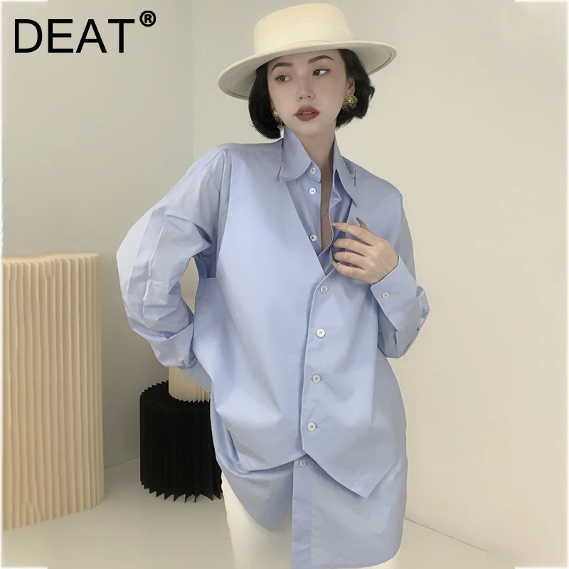 

Женская однобортная блузка DEAT, однотонная Свободная блузка с отложным воротником и длинным рукавом, модель 7I0574 на осень, 20201